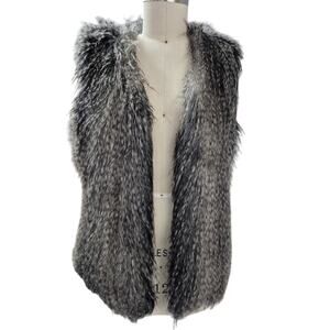 Via Spiga Faux Feather Fox Fur Open Vest Fully Lined Blk/Tan Sz L